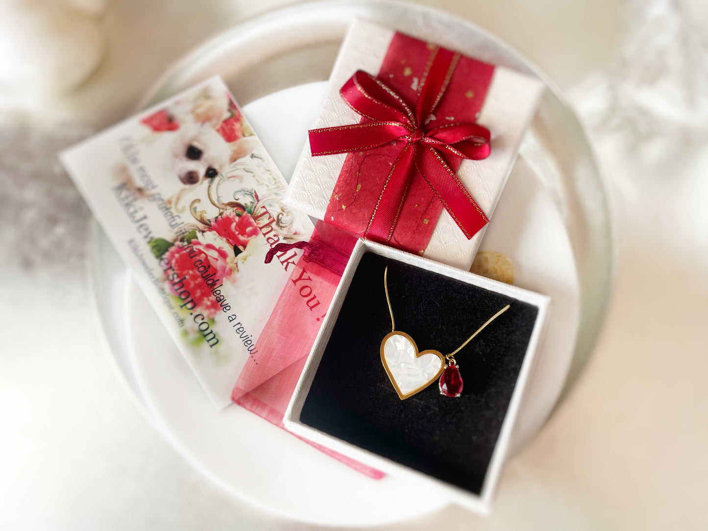 Gold Double Heart Ruby & White Dangle Earrings