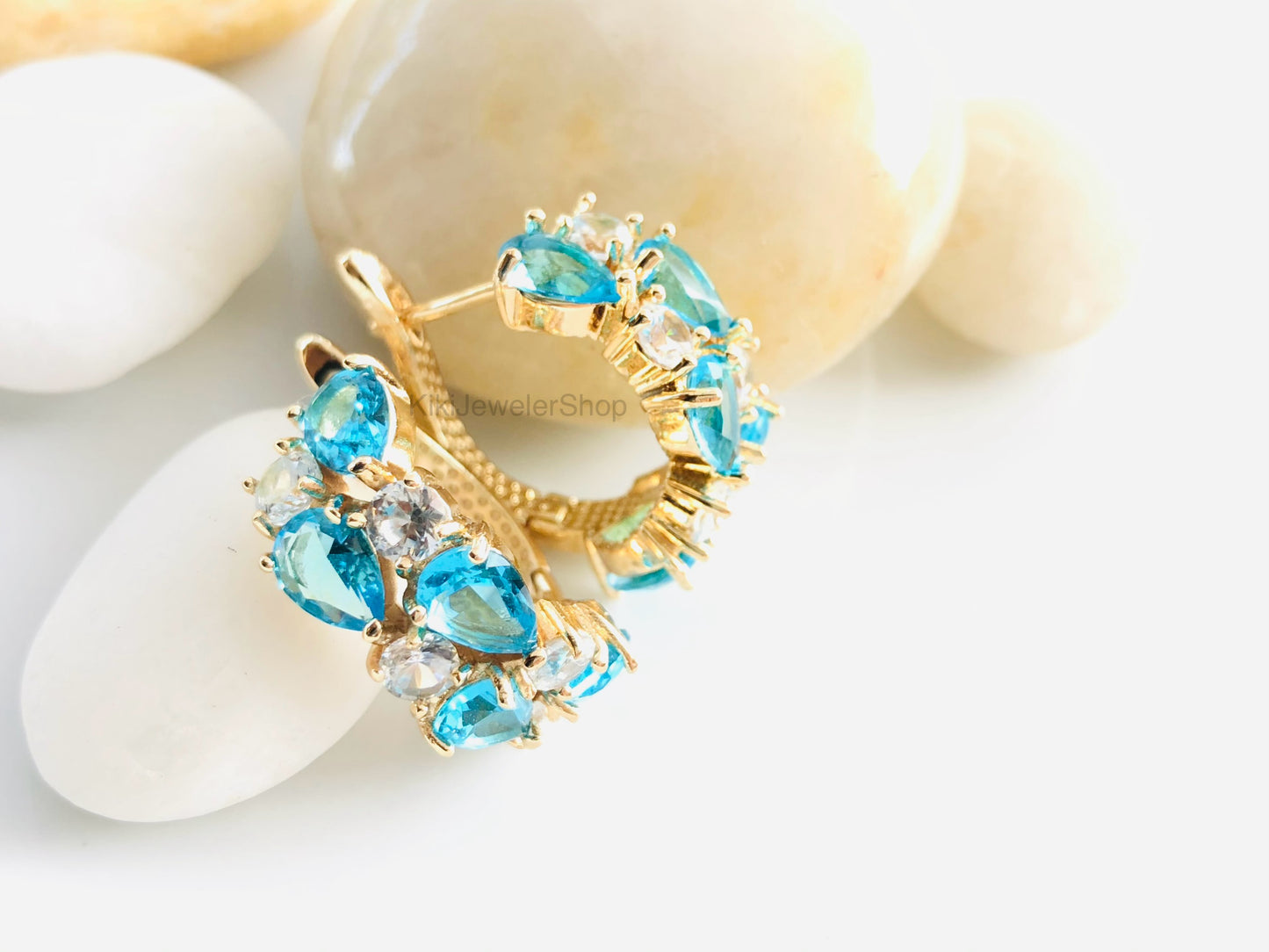 Blue topaz white sapphire statement hoop earrings