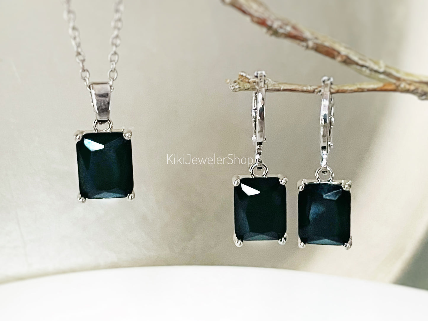 Small emerald cut gemstone 2pc jewelry set
