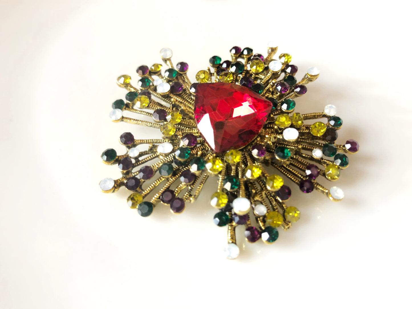 Large black crystal starburst brooch pin