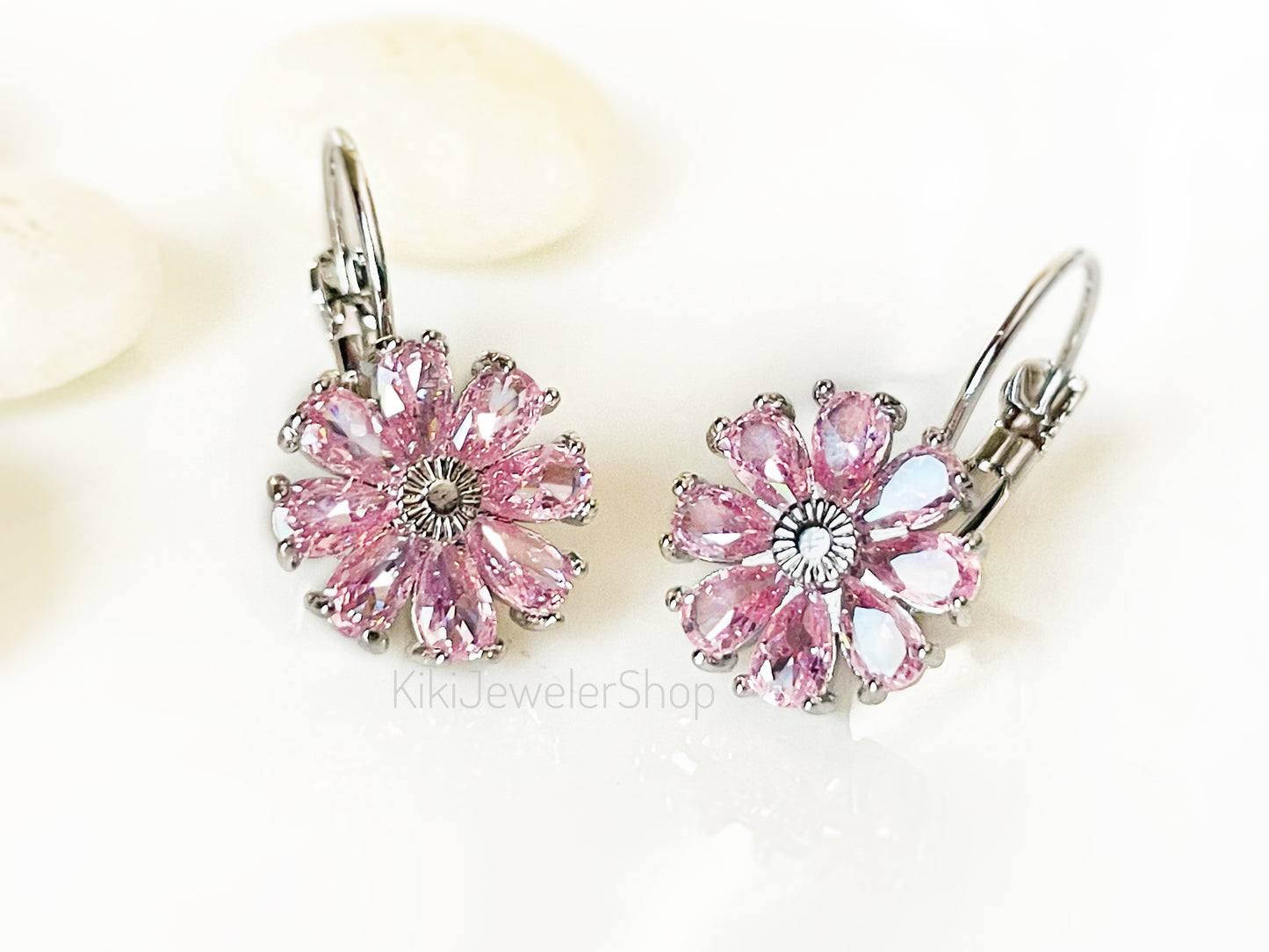 Pink sapphire daisy flower dangle earrings