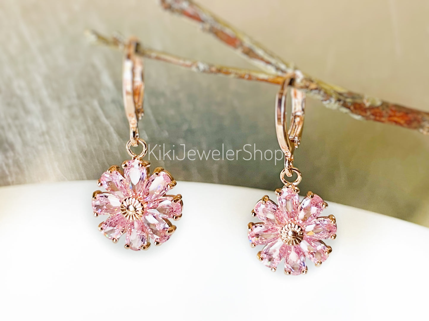 Pink Sapphire Daisy Flower 2pc Jewelry Set Gold filled