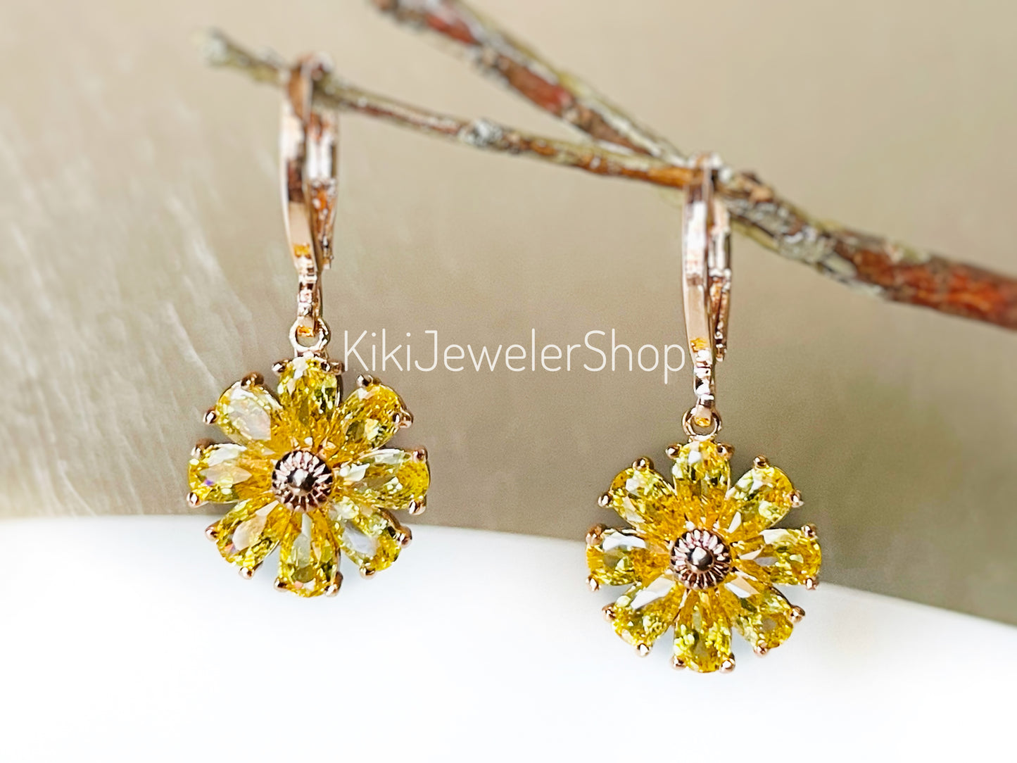 Citrine Daisy Flower 2pc Jewelry Set Gold filled