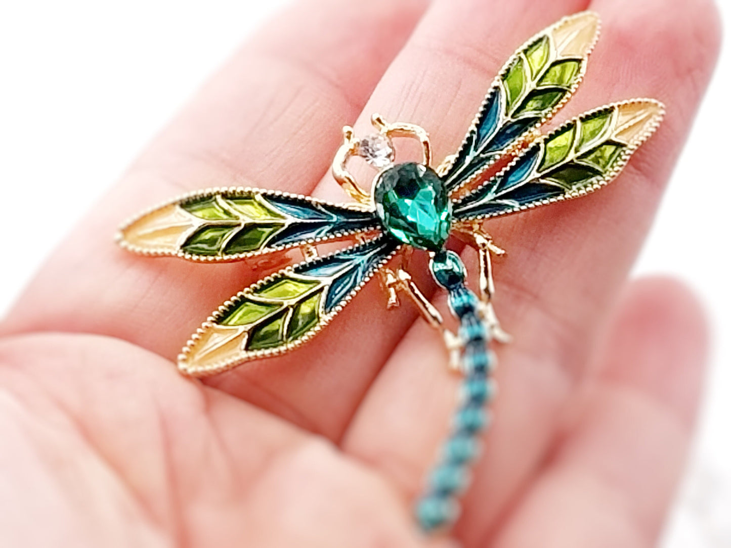 Emerald green crystal dragonfly gold brooch pendant with green/gold enameled wings, gift for her, gift for mom