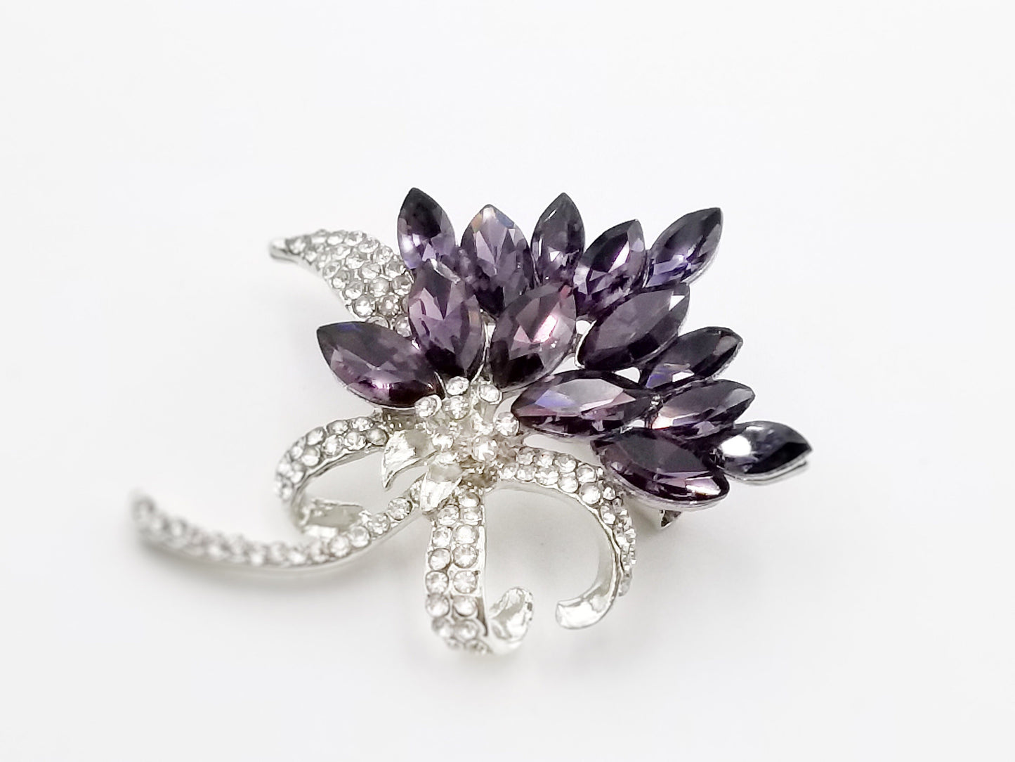 Amethyst crystal floral bouquet brooch in 18k white gold, gift for her, gift for mom