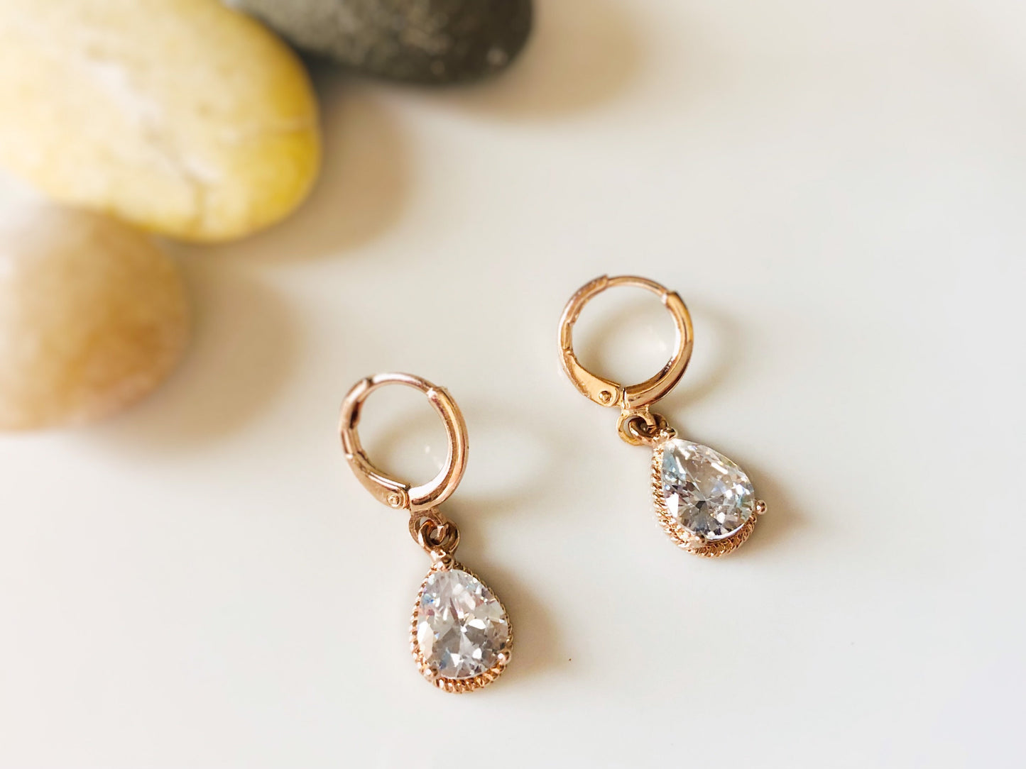 White sapphire teardrop dangle earring, small white gemstone bezel earrings, April birthstones, gift for her, gift for girls