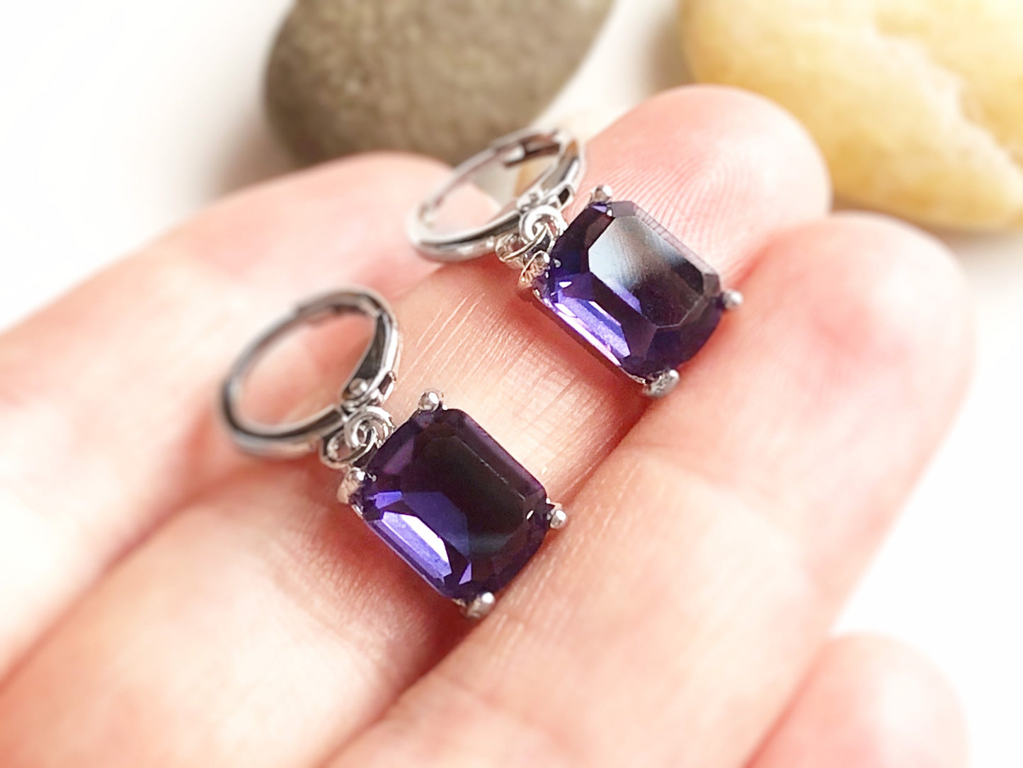 Small emerald cut amethyst dangle earrings, purple gemstone drop earrings, February birthstone, gift for women, gift for girls