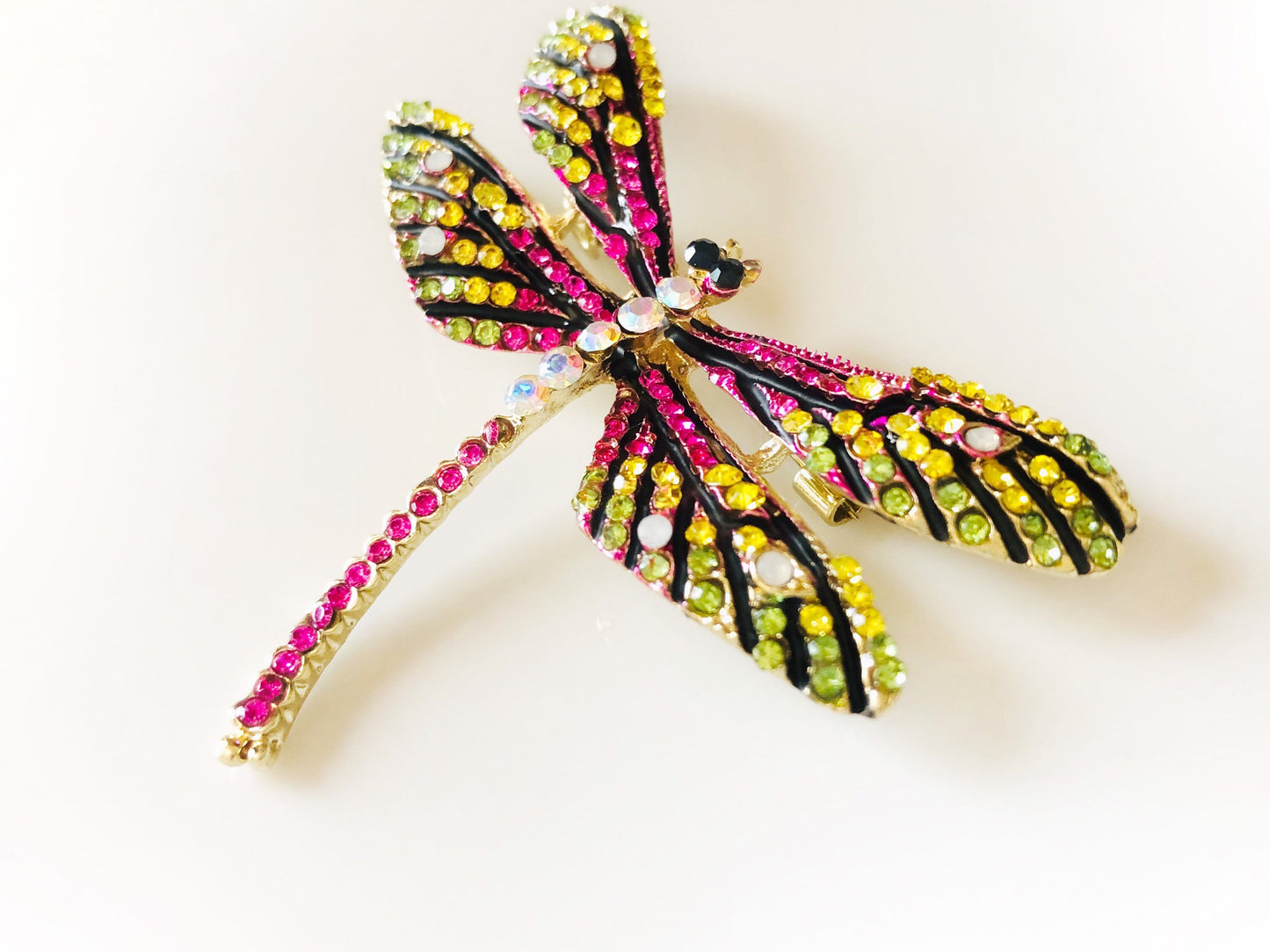 Multicolored dragonfly crystal brooch pin in gold, gift for her, gift for mom