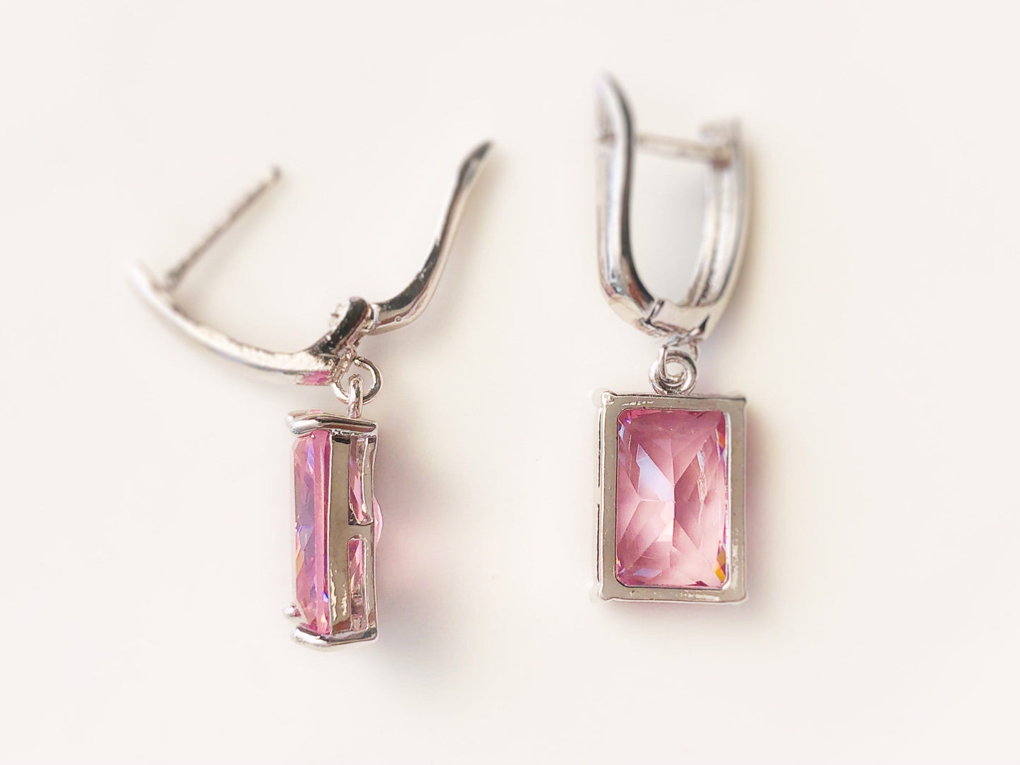 Large emerald cut pink sapphire dangling earring in 14K rose gold, October birthstone, pink gemstone earrings, gift for mom, gift for her