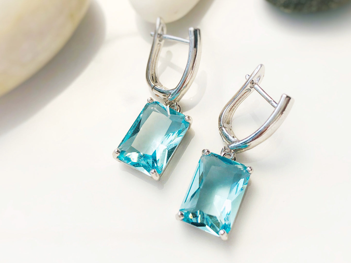 Large emerald cut aquamarine dangle earrings, March birthstone, light blue earrings, gift for mom, gift for her