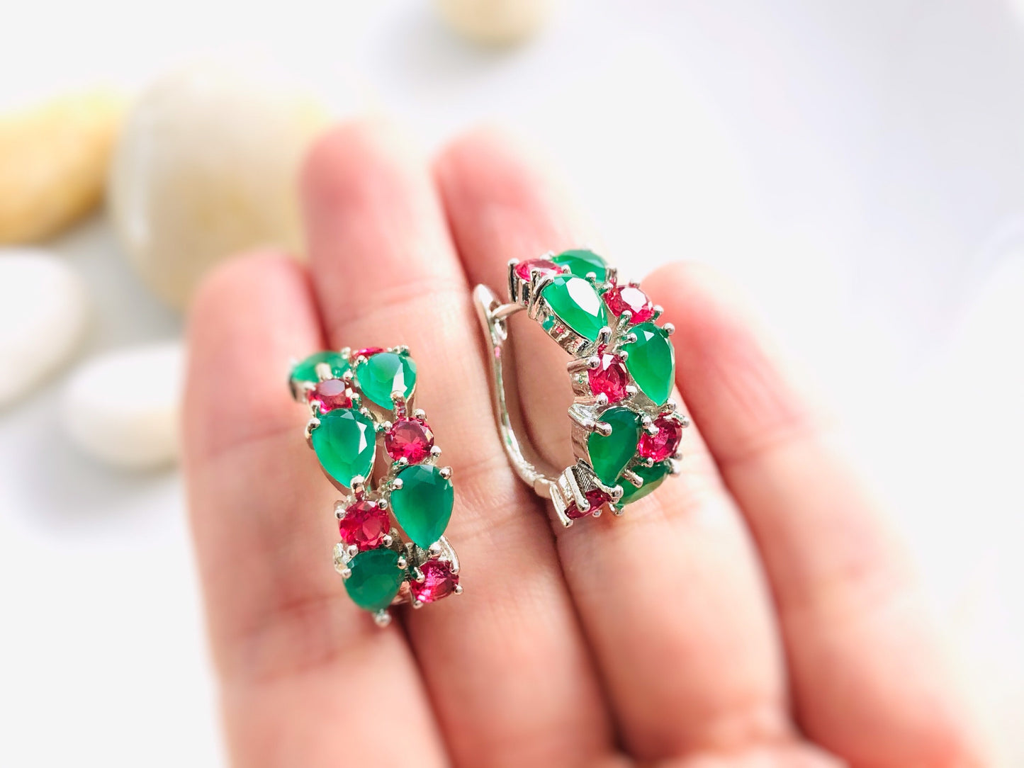 Green jade pink tourmaline hoop earrings, green pink gem hoop earrings, large statement earrings, gift for mom, gift for her