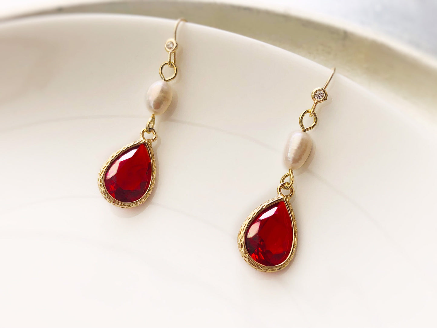 Ruby pearl long dangle earrings in 14K gold, bridal jewelry pearl, bridesmaid earrings, gift for her, red dangle earrings