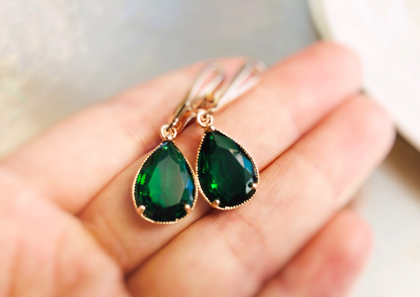 Emerald teardrop dangle earrings, May birthstones, emerald green gemstone earrings, gift for her, gift for mom, bridal earrings
