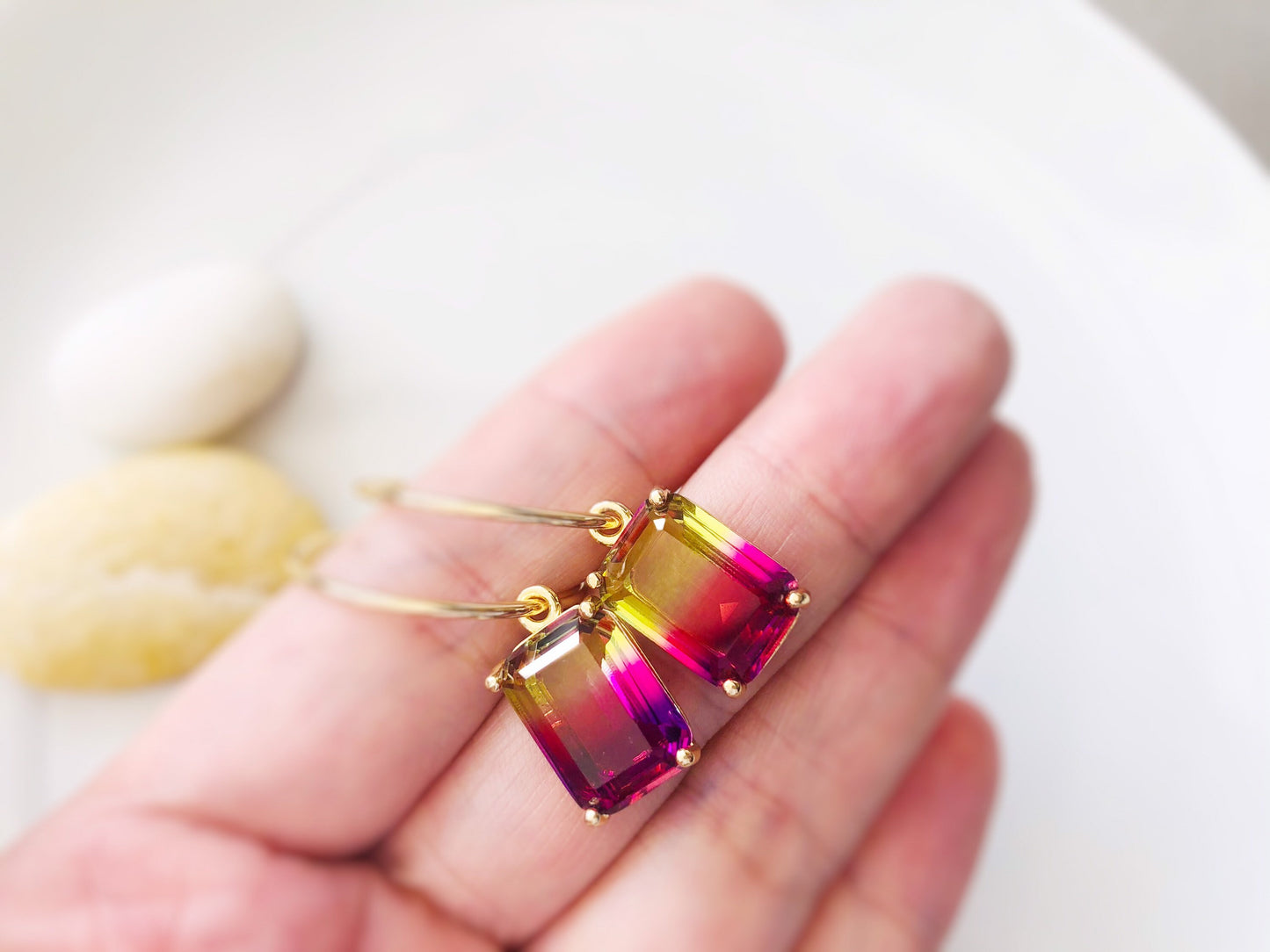 Bicolor amethyst emerald cut dangle earrings, purple blue crystal earrings, gift for her, gift for mom
