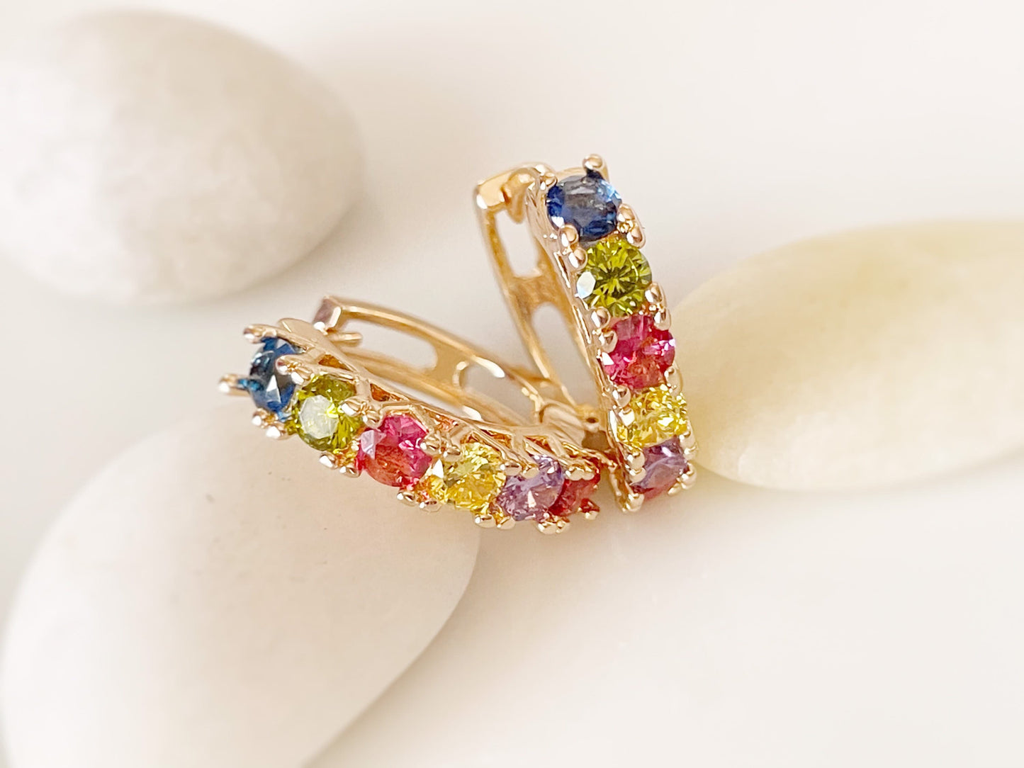 Rainbow Gemstone Hoop Earring in 18K white gold, silver Multicolor Gemstone Hoop earrings, Gift For Her, Gift For Mom