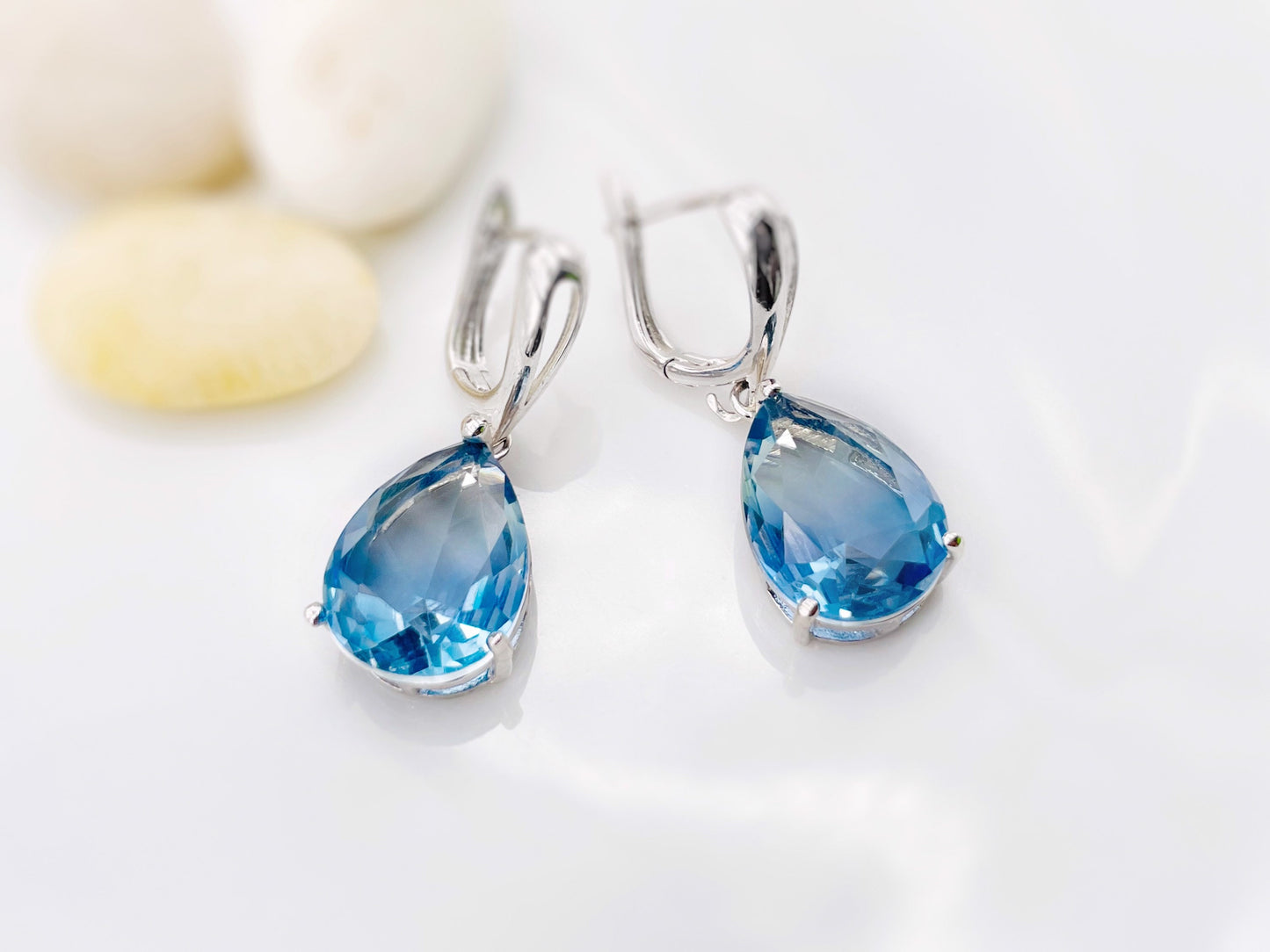 Large blue topaz pear shaped dangling earring in 14K rose gold, gift for her, gift for mom, blue bridesmaids earrings