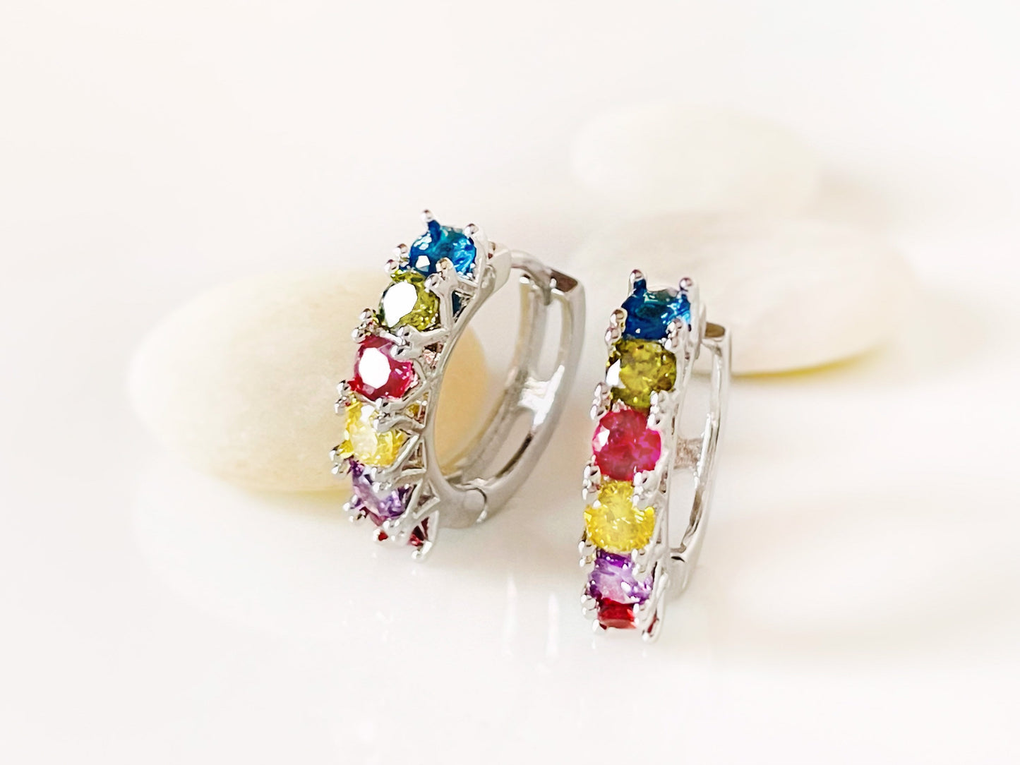 Rainbow Gemstone Hoop Earring in 14k gold, Multicolor Gemstone Hoop earrings, Gift For Her, Gift For Mom