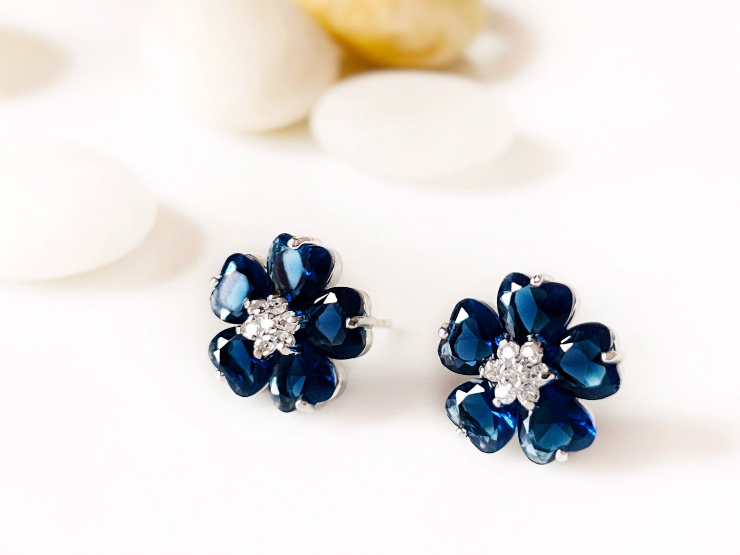 White sapphire flower stud earring in 18K white gold, white gemstone flower stud earrings, April birthstone, gift for mom, gift for her