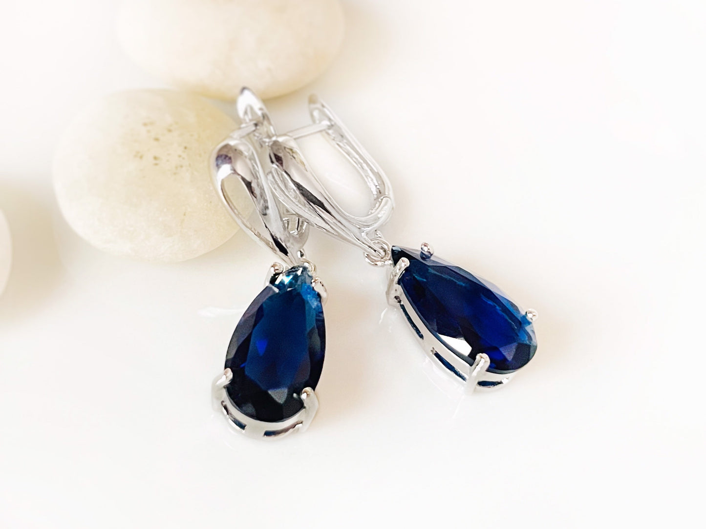 Large teardrop sapphire dangle earrings, navy blue gemstone drop earrings, gift for her, gift for mom, September birthday gift