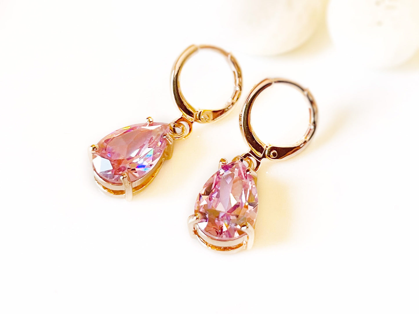 Pink sapphire teardrop huggie dangle earring, Pink gemstone earrings, October birthstones, gift for her, gift for mom