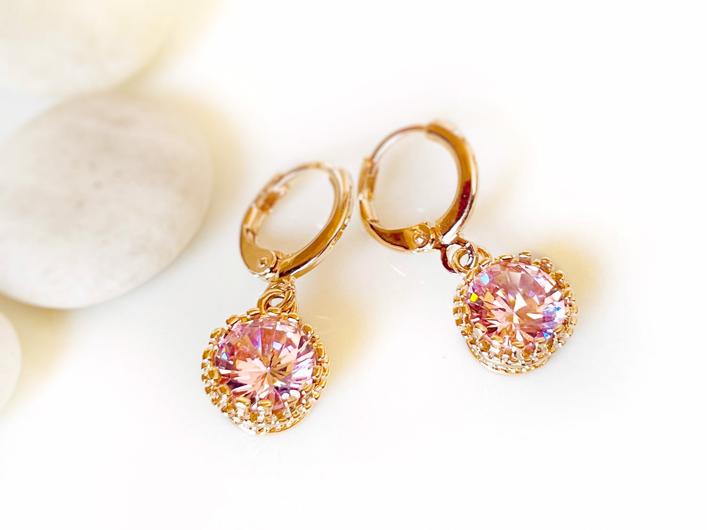 Pink sapphire dangle earrings, pink gemstone drop earrings, gift for her, gift for daughter, October birthstone,