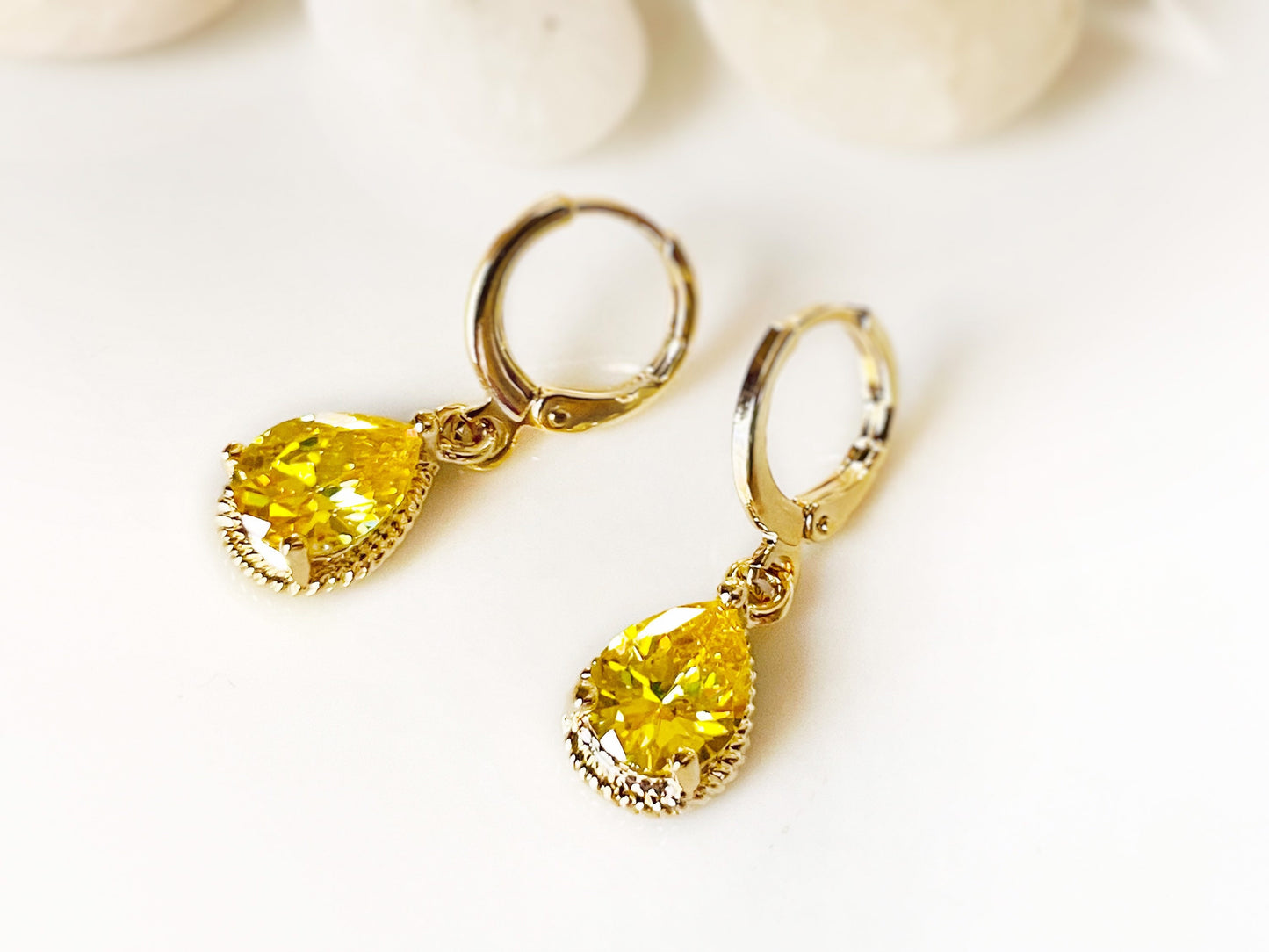 Citrine teardrop bezel dangle earrings white gold, small teardrop yellow gemstone earrings, gift for her, gift for mom, November birthstones