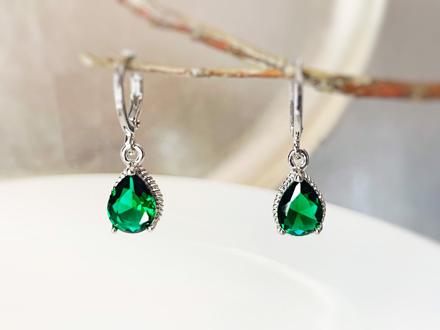 Small emerald bezel earrings, green teardrop gemstone dangle earrings, gift for her, gift for girls, May birthstone