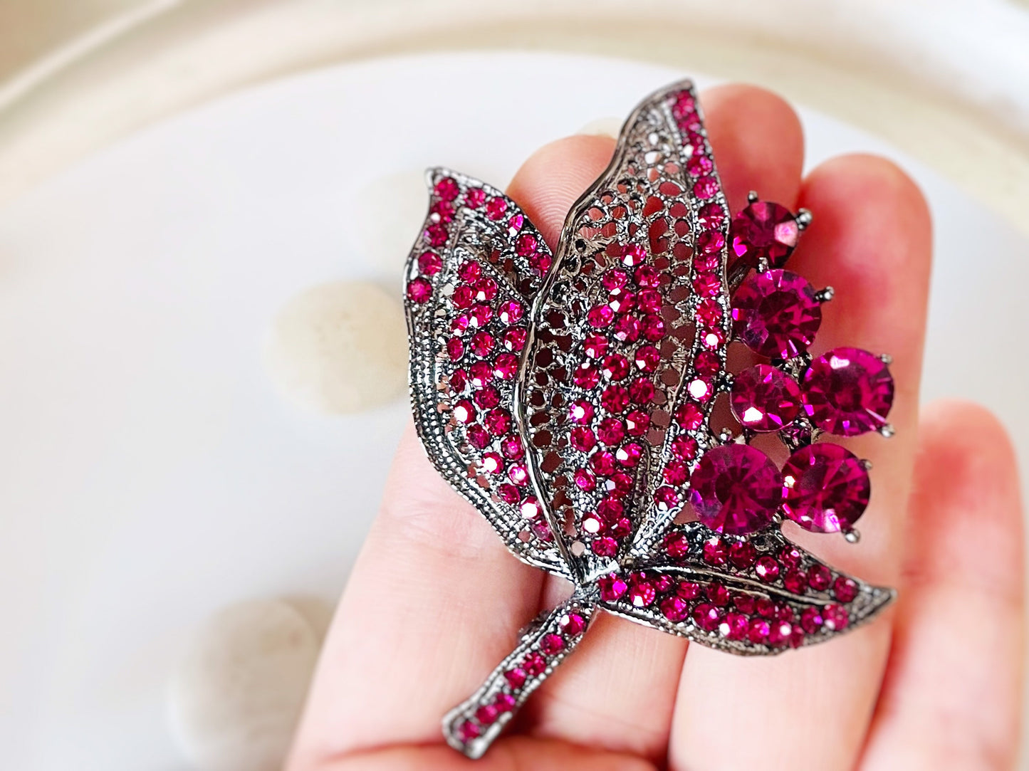 Amethyst purple brooch pendant black silver, dark purple pink cluster crystal statement bouquet brooch, gift for mom, gift for her