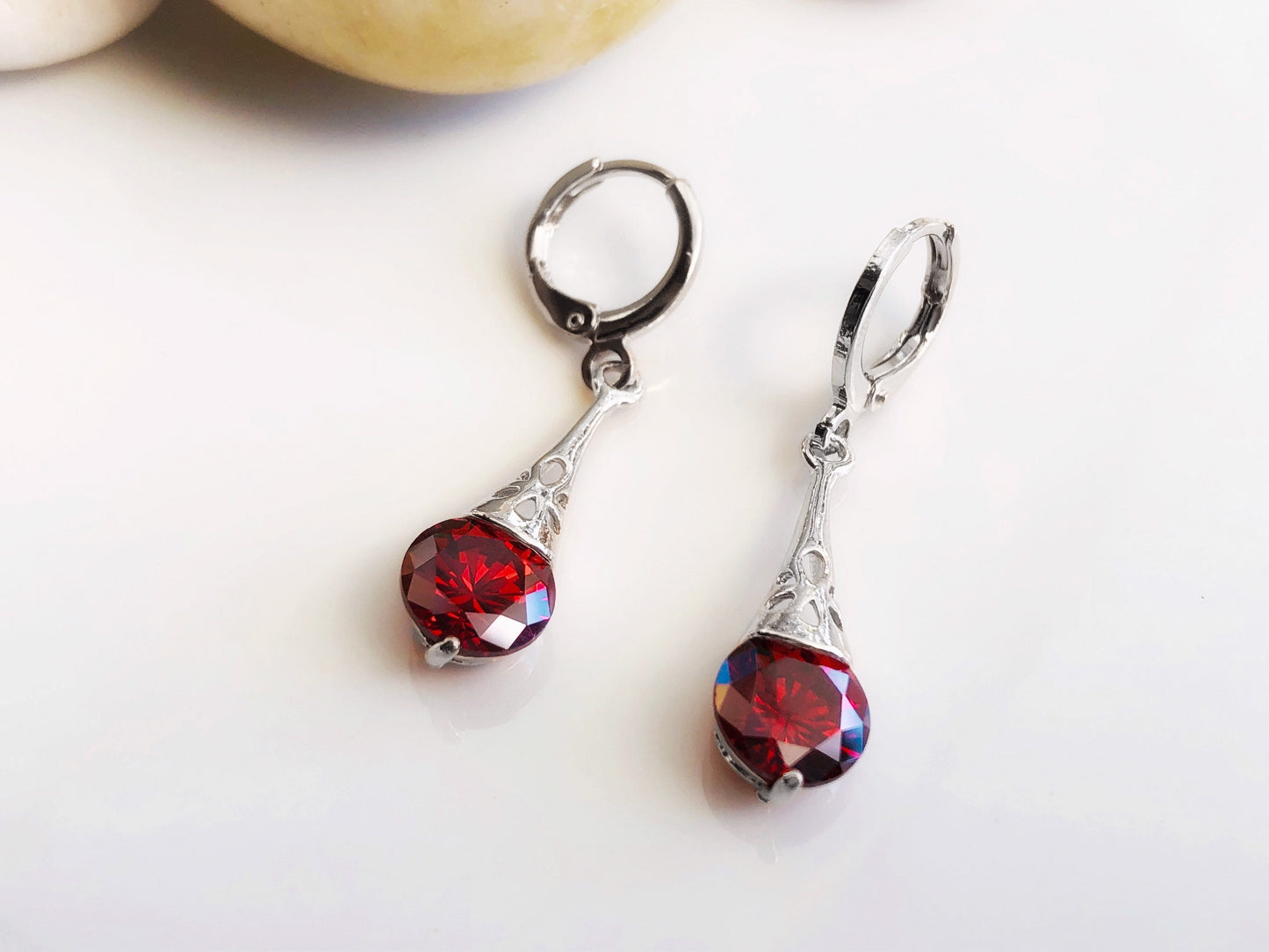 Garnet filigree dangle earrings, small dark red gemstone drop earrings, gift for her, gift for daughter, January birthstone