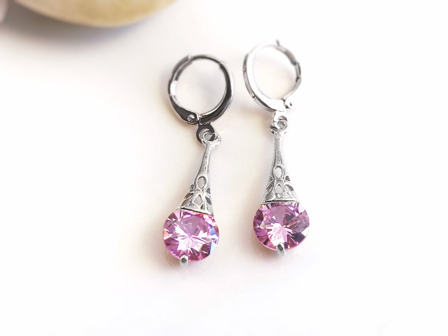 Pink sapphire filigree dangle earrings, small pink gemstone drop earrings, gift for her, gift for daughter, October birthstone