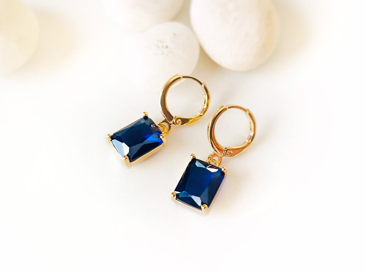 Small emerald cut sapphire dangle earrings, dark blue rectangular dangles, gift for her, gift for girls, September birthstone