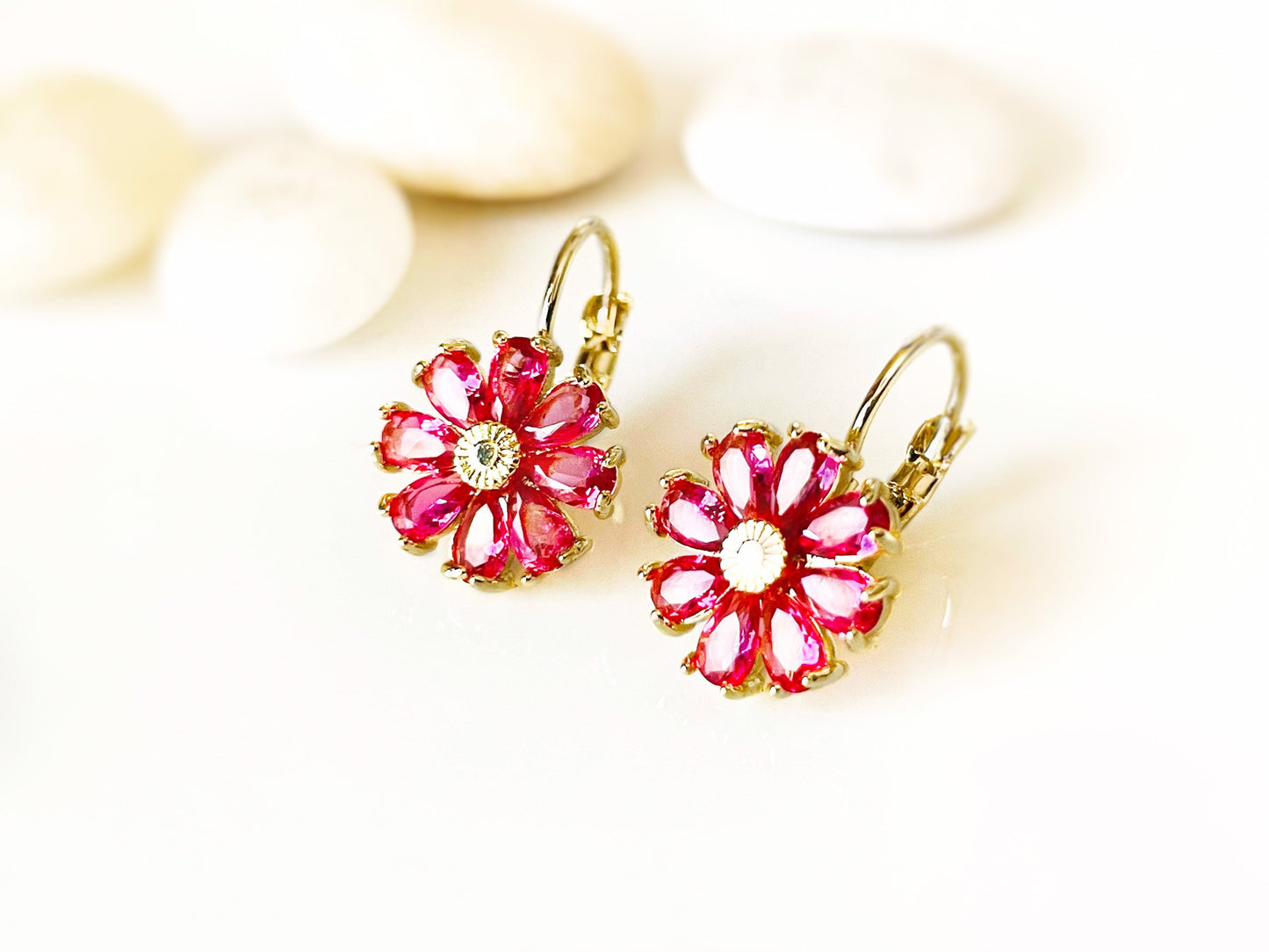 Pink tourmaline daisy dangle earrings, pink tourmaline gemstone flower earrings, October birthstone earring, gift for mom, gift for her