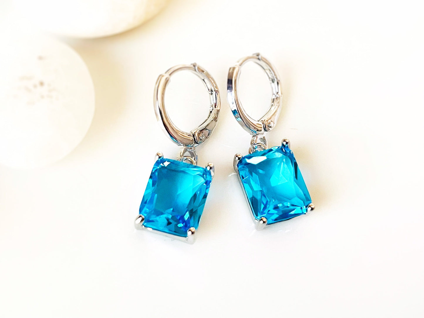 Small emerald cut blue topaz dangle earring, blue gemstone drop earrings, gift for her, gift for girls, December birthstone