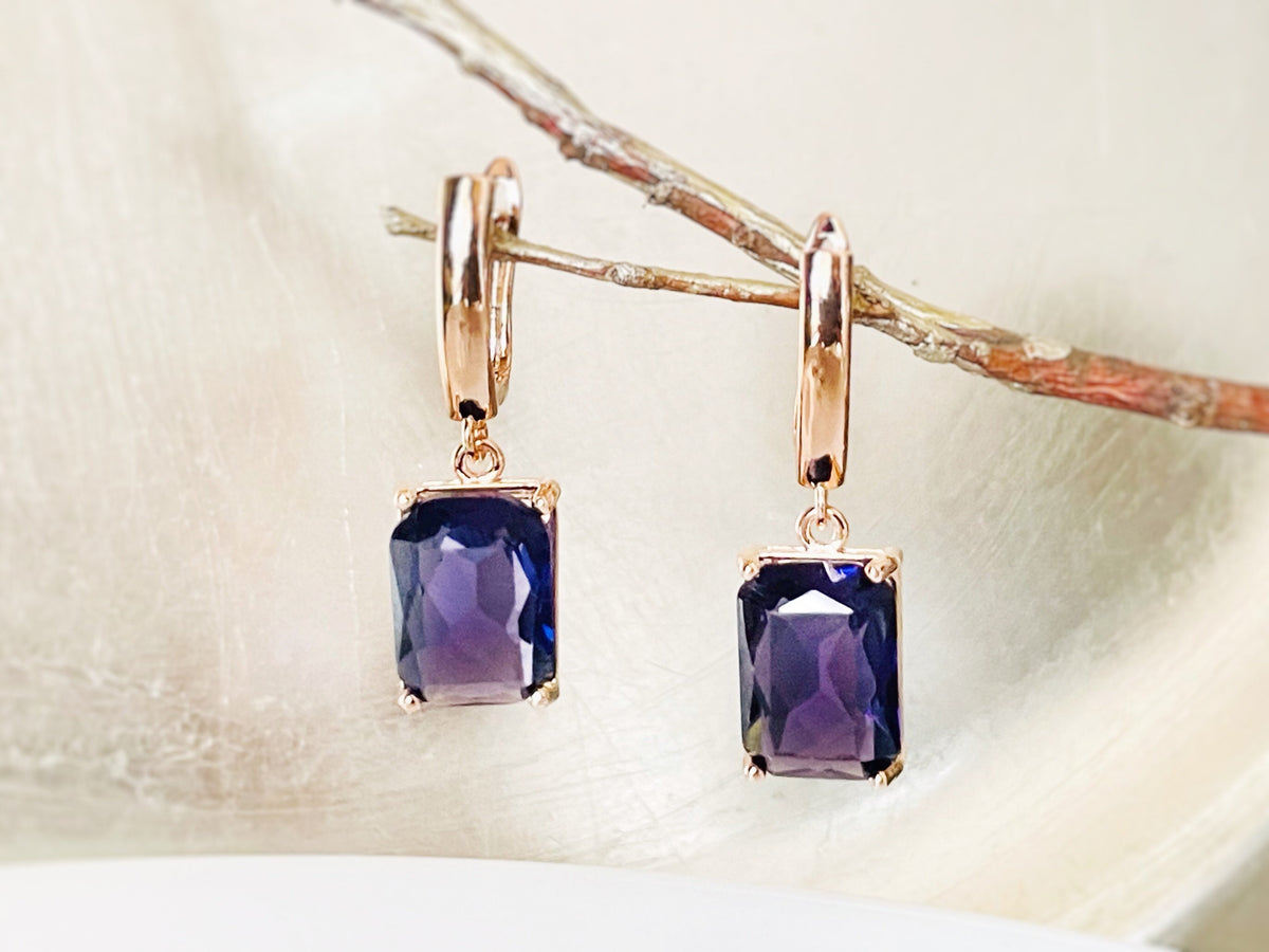 Large emerald cut amethyst dangling earrings