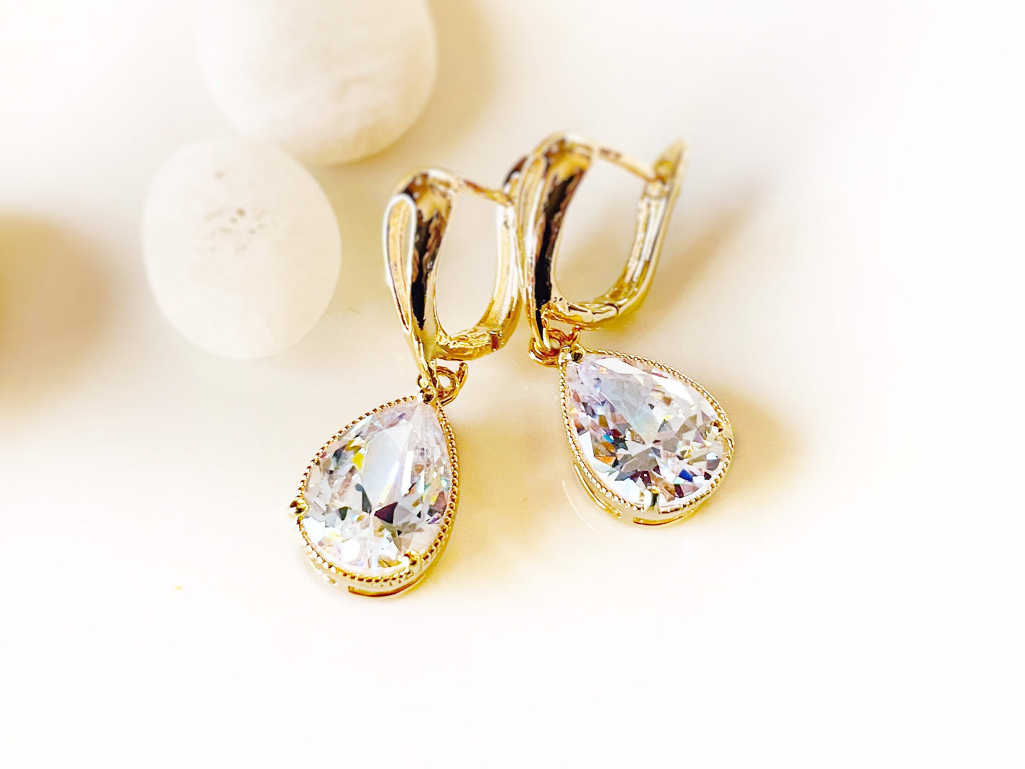 White sapphire teardrop dangle earrings, large teardrop white gemstone earrings, gift for mom, bridal party earrings, April birthstone