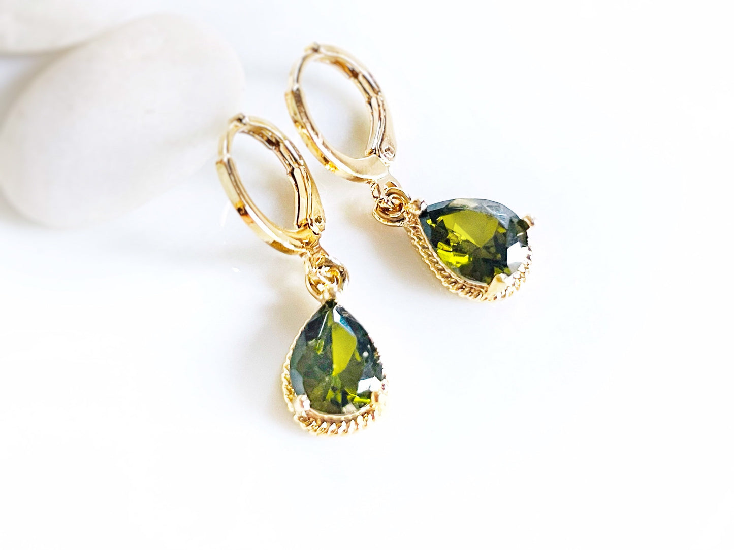 Small peridot bezel dangle earrings, olive green teardrop gemstone drop earrings, gift for her, gift for girls, August birthstone