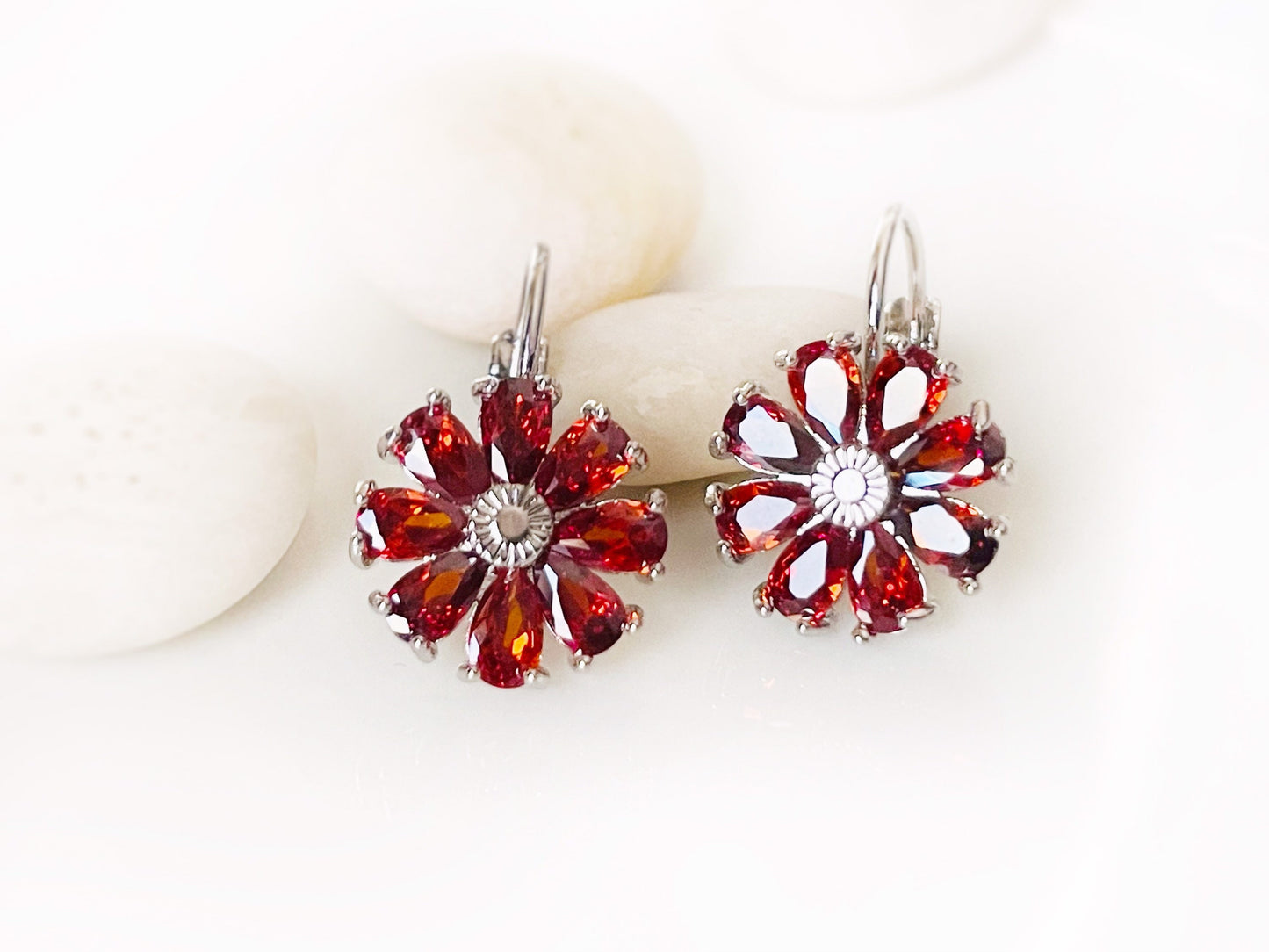 Garnet flower stud earrings 925 silver posts, red daisy flower stud earrings, January birthstone earrings, gift for mom, gift for her