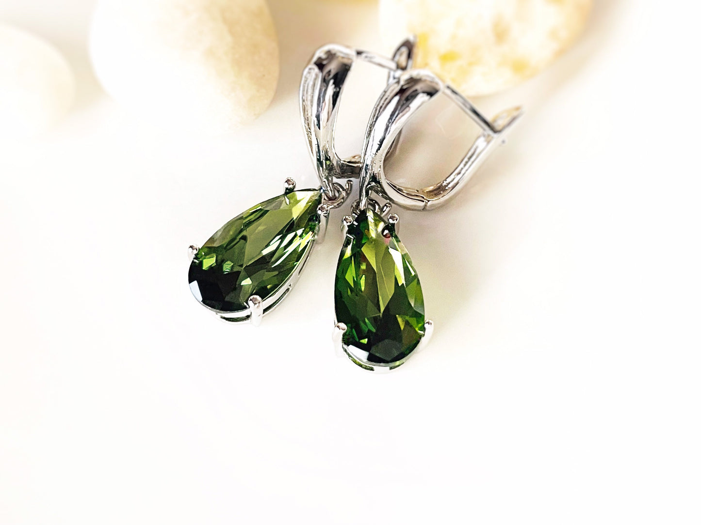 Peridot teardrop dangle earrings, olive green gemstone earrings, gift for her, gift for mom, August birthday gift