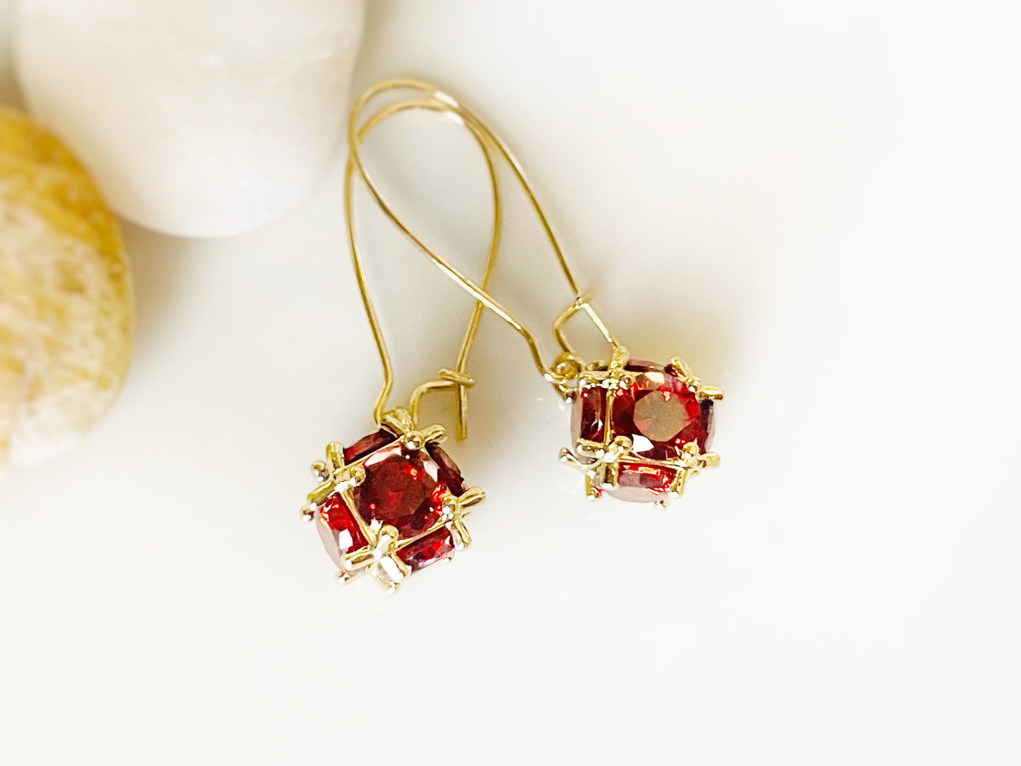 Garnet ball dangle earrings, red garnet drop earrings, January birthstone earrings, gift for mom, gift for her