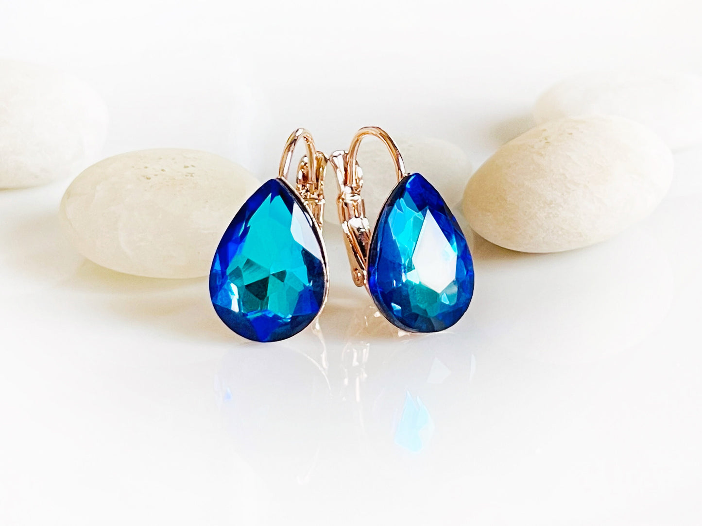 Bermuda Blue Fancy crystal dangle earrings, blue crystal lever back studs, fancy blue Crystal, bridal earrings, gift for her