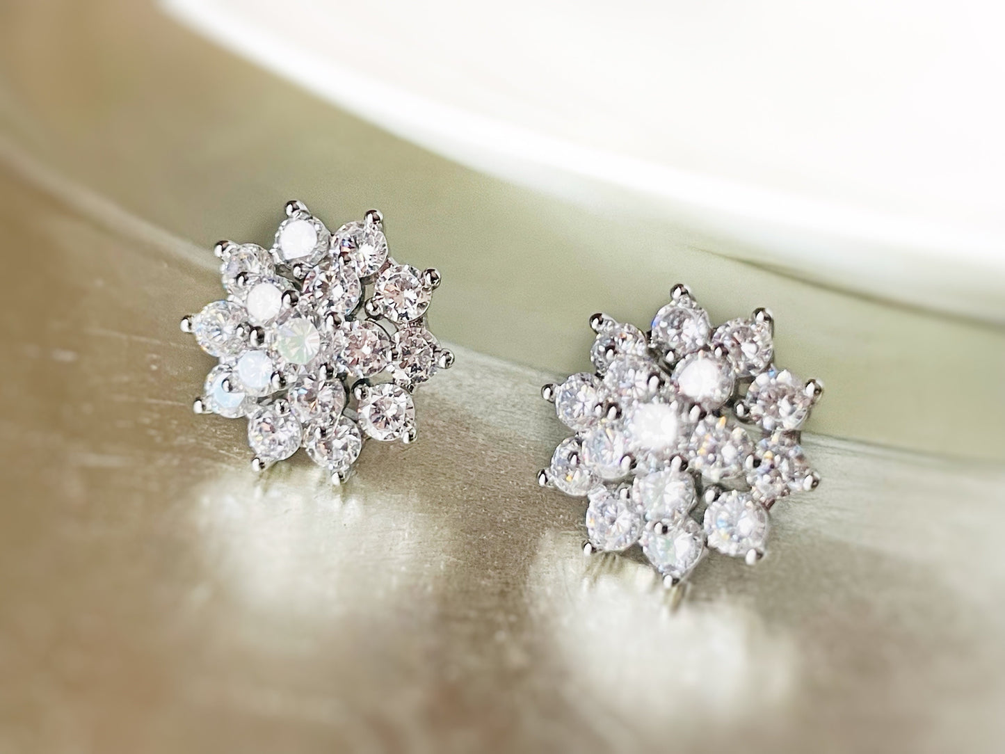 White sapphire flower stud earrings, white flower studs, snowflake earrings with 925 silver posts, gift for her, gift for mom