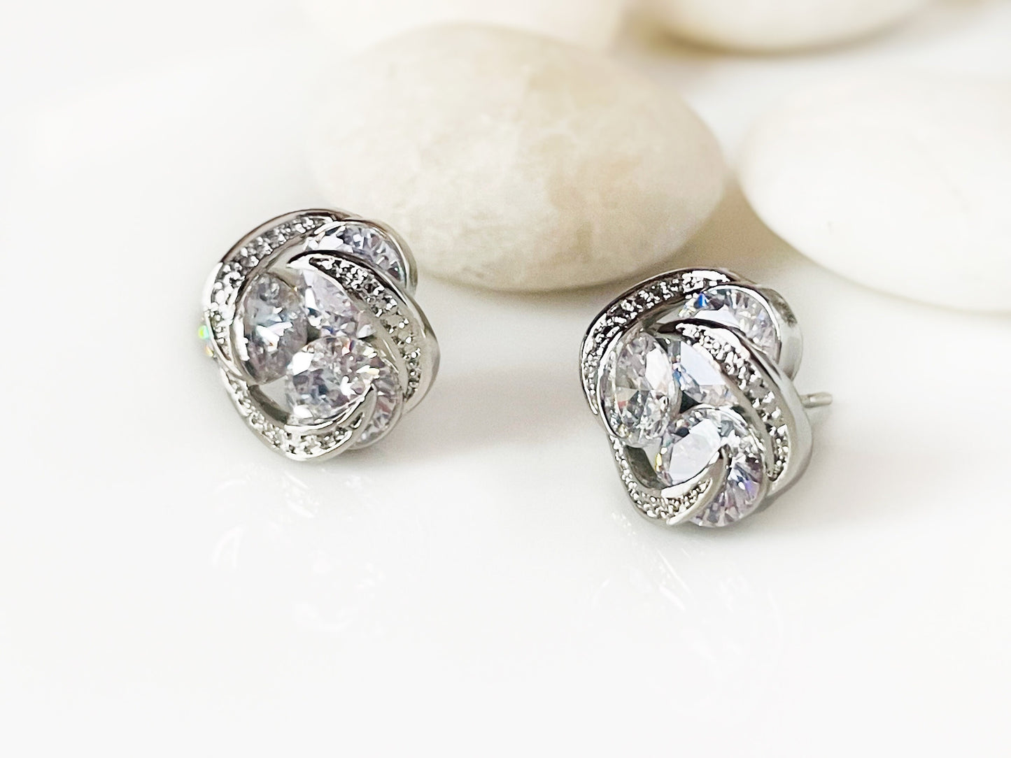 Citrine three stone love knot stud earrings, cluster yellow gemstone statement studs, gift for her, November birthstone