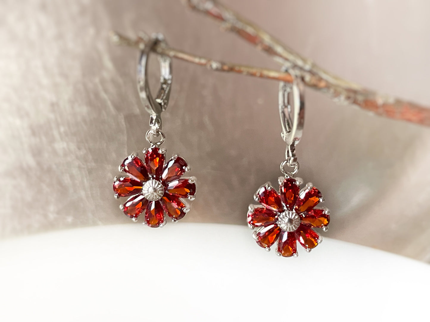 Garnet flower dangle earrings, red daisy flower drop earrings, January birthstone earrings, gift for mom, gift for her, gift for daughter