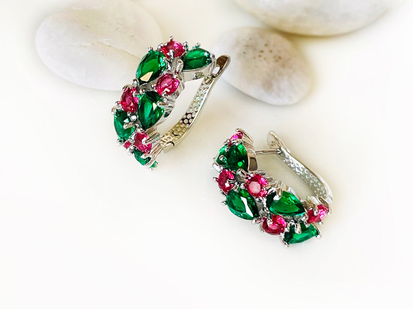 Emerald green and pink tourmaline hoop earrings, green pink gem hoop earrings, large statement earrings, gift for mom, gift for her
