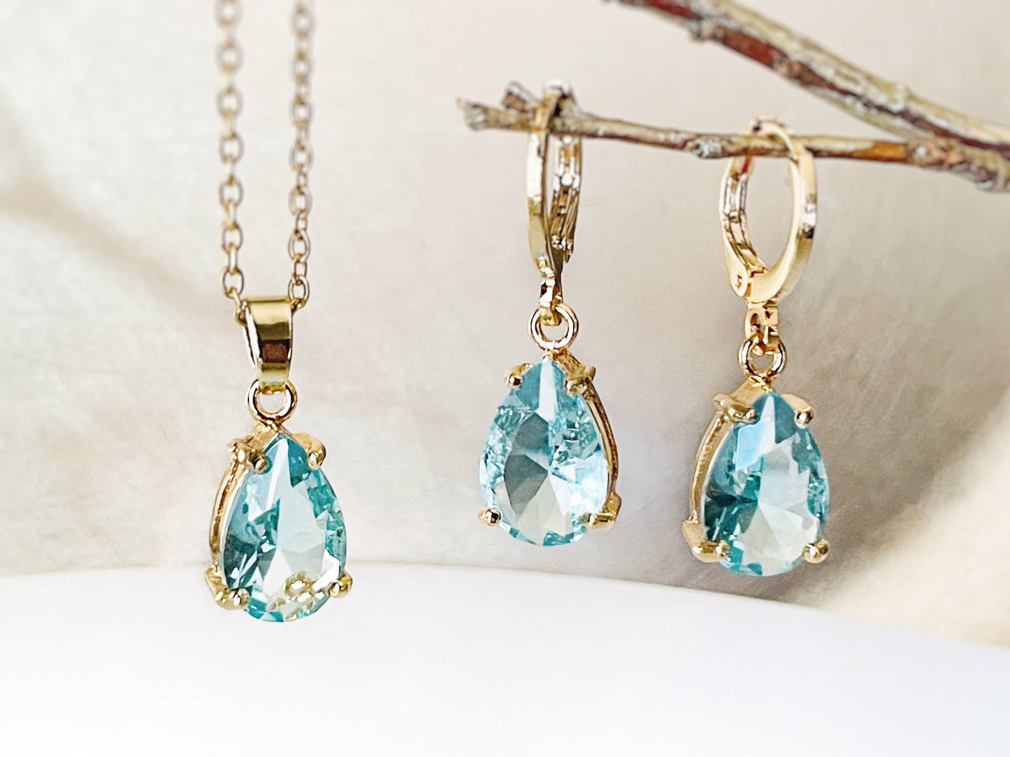 Aquamarine 2pc jewelry set, light blue teardrop gemstone dangle earring necklace set, gift for her, march birthstone, bridal jewelry
