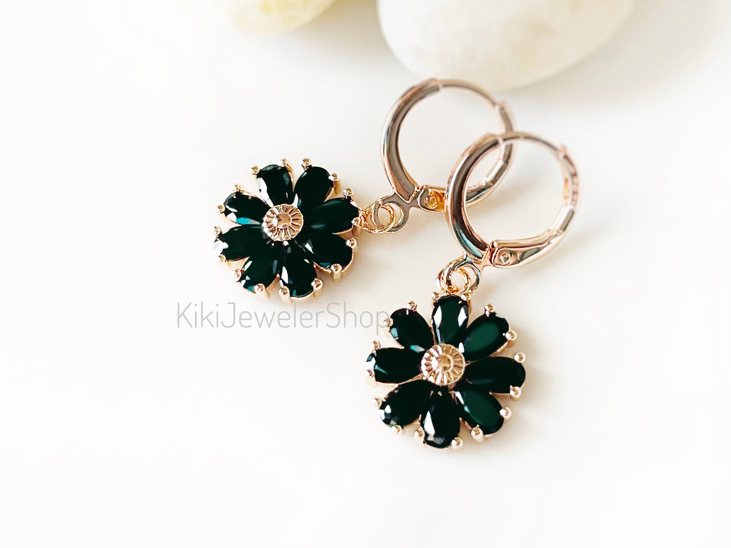 Onyx Daisy Flower Drop Earrings Gold-filled
