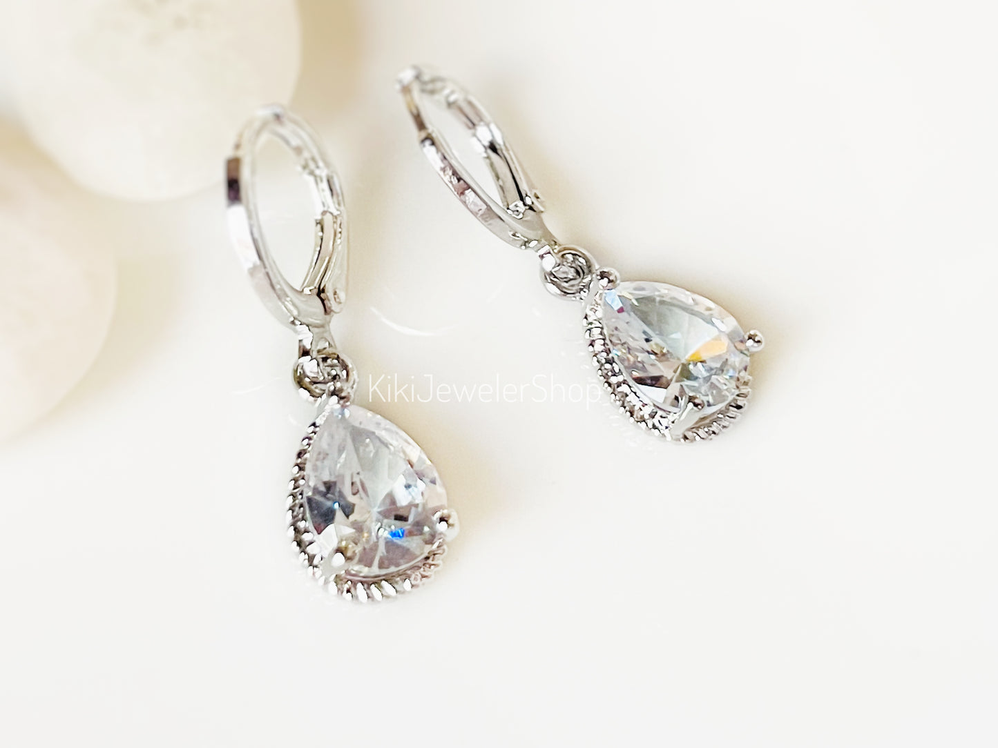 Small Bezel White Sapphire Teardrop Dangle Earrings