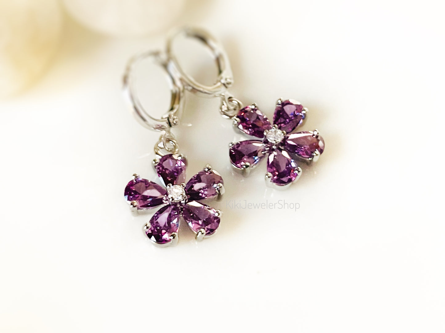Pink sapphire flower dangle earrings, amethyst 2pc jewelry set, rainbow flower earrings, birthstone earrings, gift for her
