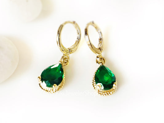 Small Bezel Emerald Teardrop Dangle Earrings