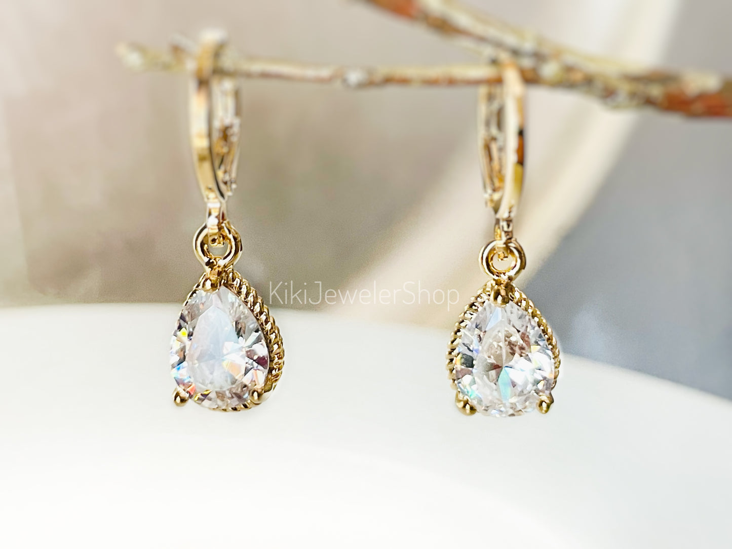 Small Bezel White Sapphire Teardrop Dangle Earrings